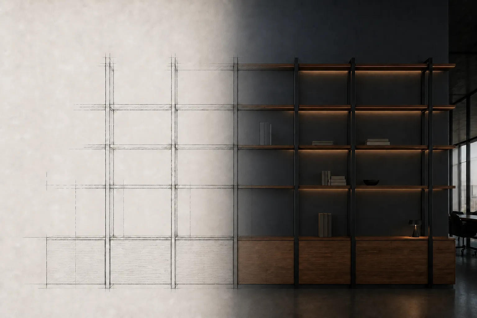 A precise architectural drawing becoming a richly lit black steel and timber installation