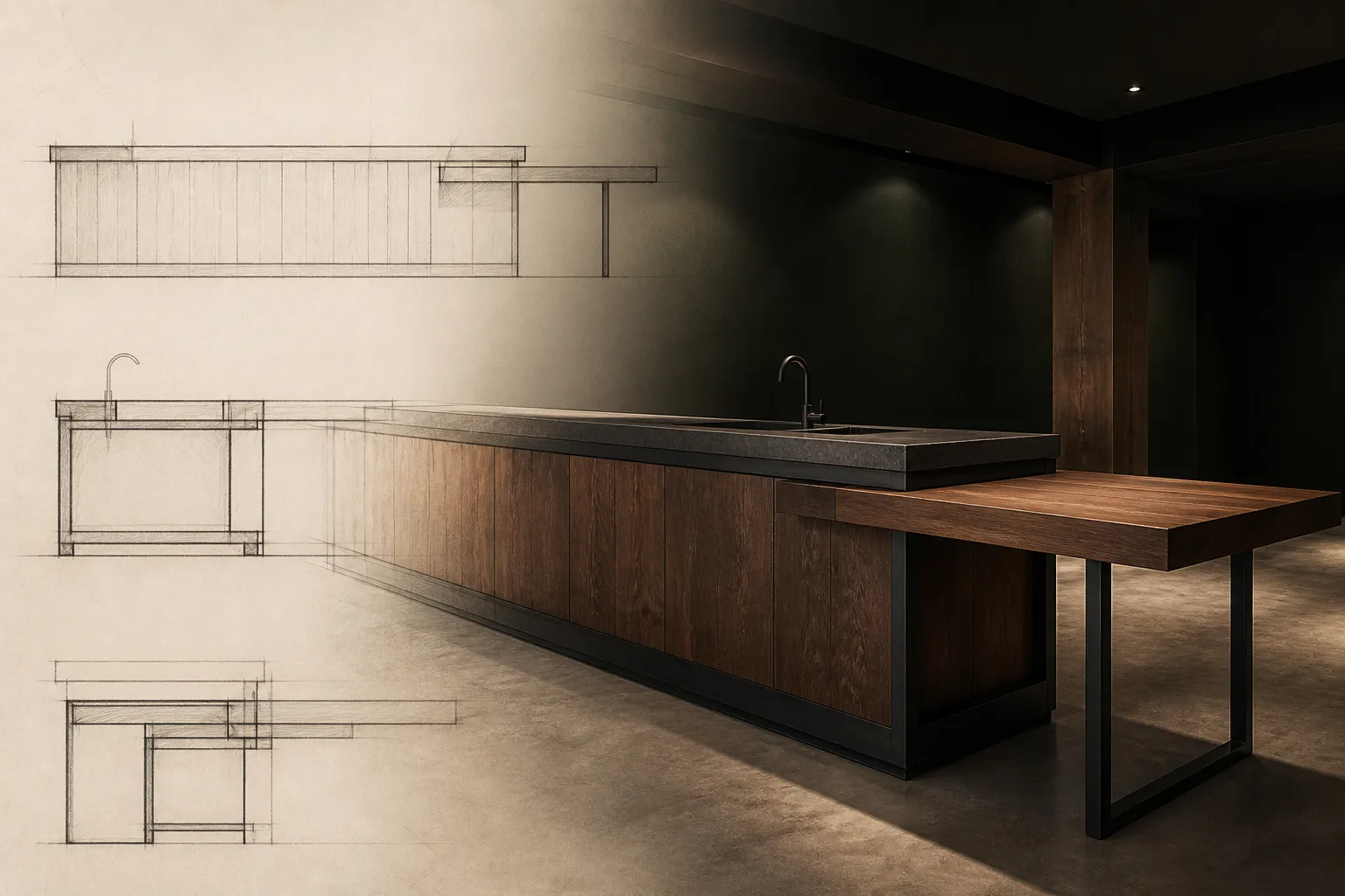 Hospitality service counter moving from drawing into black steel, timber and forest green reality