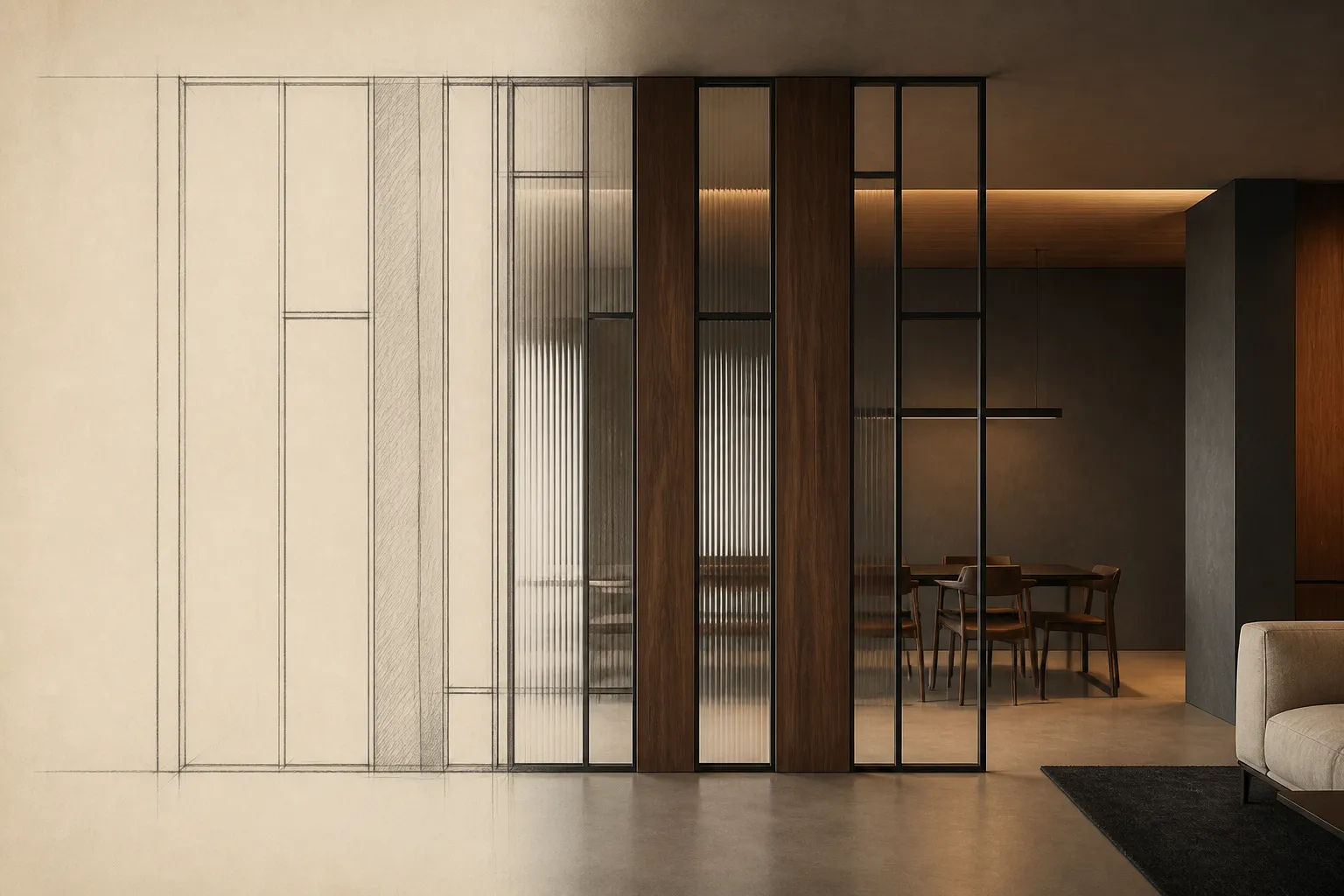 Residential spatial divider moving from architectural drawing into black steel, timber and translucent glass