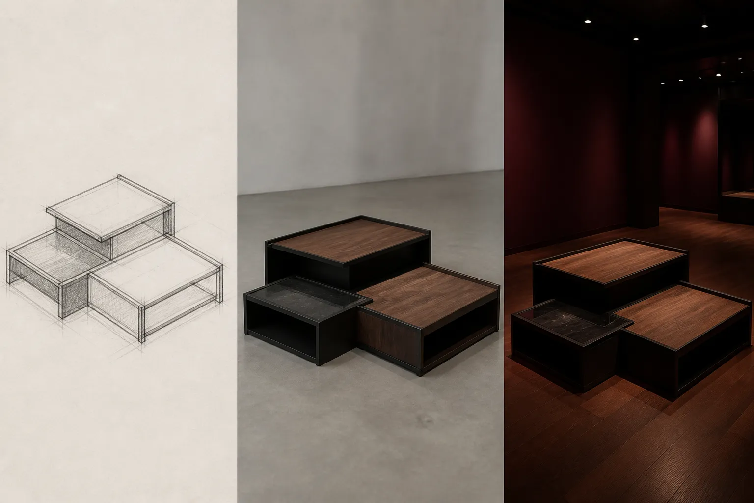 Retail display island moving from drawing into black structure, timber and oxblood reality