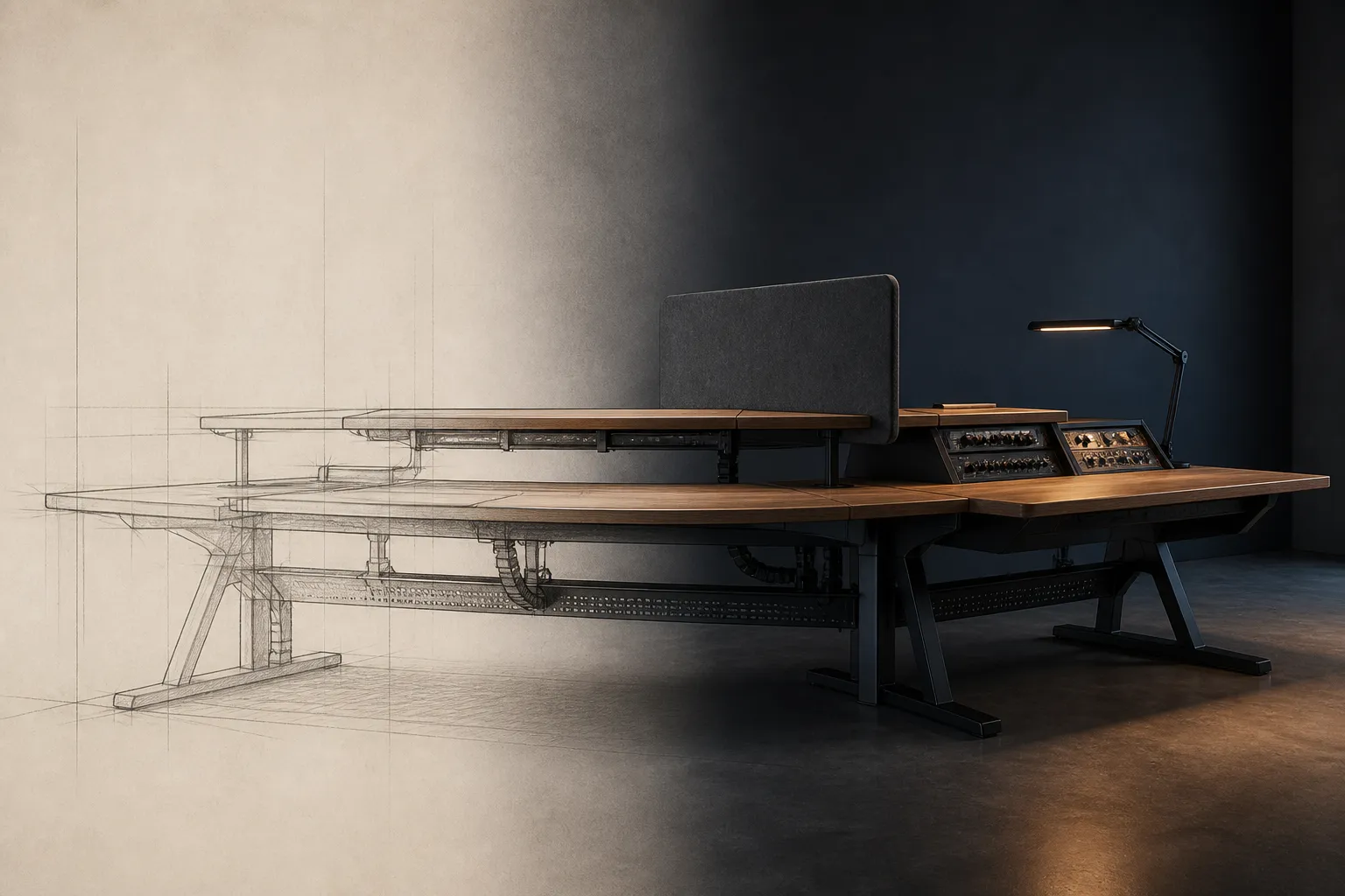 Specialist workstation moving from architectural drawing into black steel and timber reality
