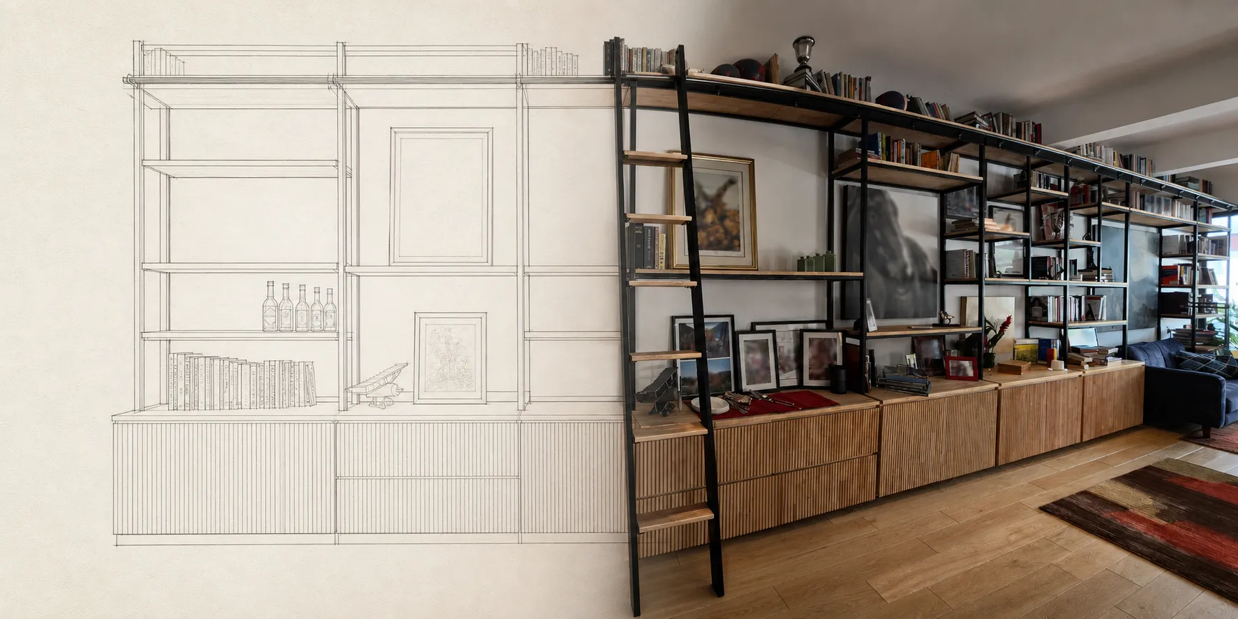 Completed black steel and timber wall library shown through drawing and physical reality